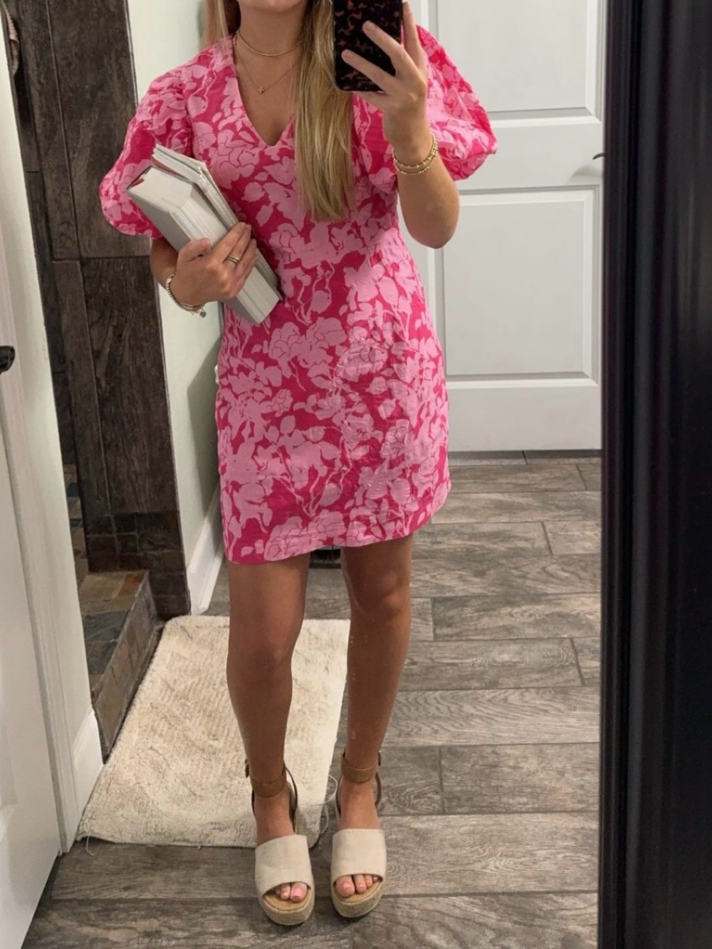 Endless Rose Hot Pink Floral Mini Dress with Puff Sleeves